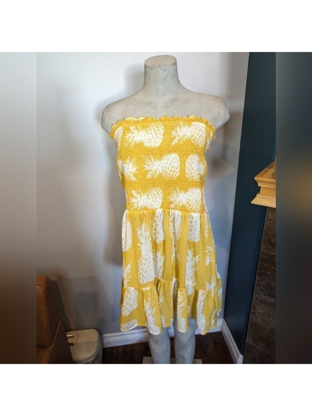 Anthropologie Yellow & White Mini Dress, Pineapple Print removable Straps sz 1x - Picture 11 of 16